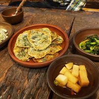 Pancakes and some of the banchan at Dasoni in Jeju