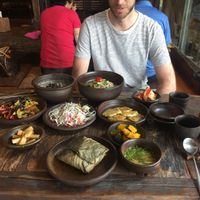 our feast! lotus leaf rice, buckwheat noodle soup, yeolmuguksu, and side dishes at Dasoni in Jeju