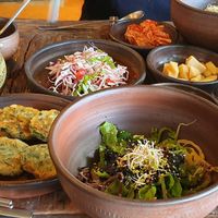 Bibimbap with side dishes at Dasoni in Jeju