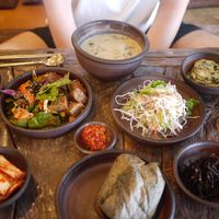 We ordered rice, soup, and jeon. The acorn jelly was given as service and the rest are sides at Dasoni in Jeju