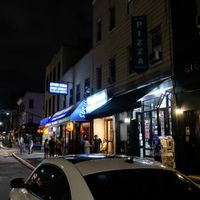 What the block looks like at night at Screamer's Pizzeria - Greenpoint in Brooklyn