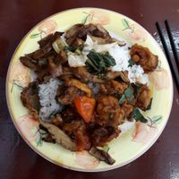 A two choice dish of 'duck' and eggplant, tomato and mushrooms. at Blossoming Lotus in Haymarket