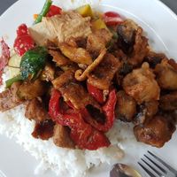 Lemongrass vege rib + eggplant tempura + red curry at Blossoming Lotus in Haymarket