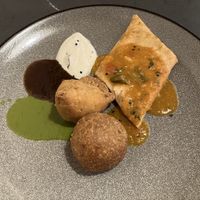 Pakora, samosa and massala dosa with pickles  at Namaste Village Norwich in Norwich