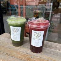 Glowing smoothie and Sinus Juice (we subbed beet for the orange juice)  at Glowing Plant Based Eatery in Los Angeles