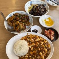 Mapo tofu, fried shiitake mushroom in savory sauce, jjajangmyeon. So good  at Gawon - 가원 in Seoul