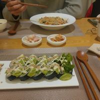 -  Spicy 'shrimp' noodles
- Avocado 'tuna' sushi 
- Korean sides at Vegenarang in Busan