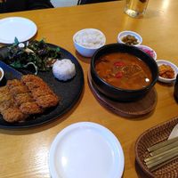 Fried beancurd and spicy soup at Vegenarang in Busan