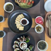 Basil pasta, local geochang bean tofu & shiitake mushroom roll  at Vegenarang in Busan