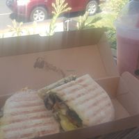Vegan brie and mushroom ciabatta, berry coconut and lemon zest smoothie at Onyx by Chrissy's Organics in Traralgon