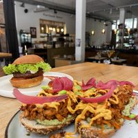 1) Jack fruit sandwich with gluten free bread, 2) hamburger   at Meatless District - Da Costabuurt in Amsterdam