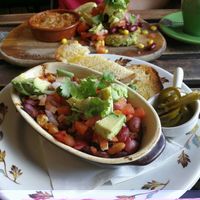Foreground: Mexican Beans. Background: Zucchini Fritters  at Grace in Fitzroy