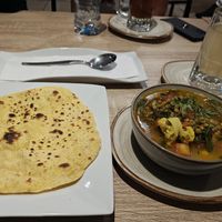 Dhal soup with a chapati and a ginger tea at Sattva by Govinda in Aguas Calientes