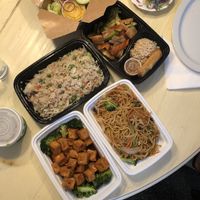 Vegetable lo mein, sautéed tofu and veg lunch special, general tso’s tofu (fried rice was from a different restaurant)  at Bayberry Vegan Cafe in Woburn