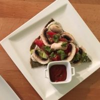 lunch for two 
Lasagna with slices of zucchini and with walnut meat, olive pate, pesto basil, tomato salsa, cashew mayo
Pizza dehydrated dough and fresh vegetables and tomato sos at Bistraw Zdravo Zivo in Skopje
