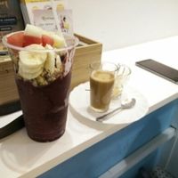 mango acai (delicious) and coffe with vegan mylk at FitBar - Barceloneta in Barcelona