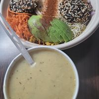 Seether vegan bowl with potato leek soup at Healthy Rabbit in Brantford