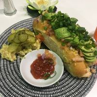 Vegan hot dog with avo and potato salad - yum! at Cheeky Yam in Cairns