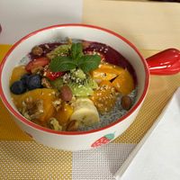 Scrumptious chia pudding full of fruit and gorgeously plated at Happy Belly / Eat Smart in Tirana