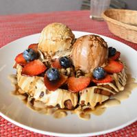 waffles with salted caramel and chocolate ice cream,  at Raw Cafe - La Molina in Lima