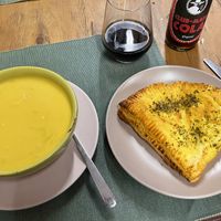 Soup of the day, puff pastry with pizza filling  at Green Beans in Lisbon