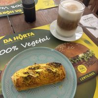 salsicca pastry and iced latte with oat milk  at Green Beans in Lisbon