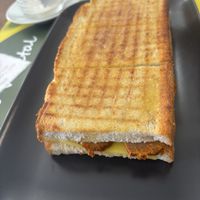 Chorizo toasty, very filling  at Green Beans in Lisbon