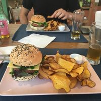 "Beyond meat" with sweet poteto fries  at Green Beans in Lisbon