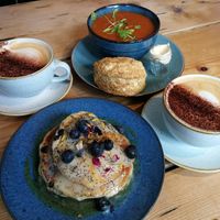 Blueberry pancakes, soup of the day + cheeze scone at Velocity Cafe in Inverness