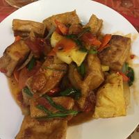 Close picture: really nice tofu with tasty pineapple (only a little bit oily)  at Bao Anh in Ninh Binh