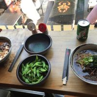 Spicy miso ramen and edamame. at Ramen to Biru - Norrebro in Copenhagen
