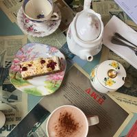 Vegan winter spice cake, mango & strawberry tea, vegan hot chocolate  at Scarlett's Vintage Tea Rooms in Knaresborough
