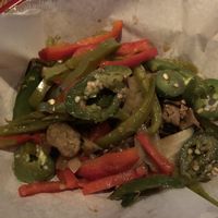 Apple Sage & Mexican Chipotle with Grilled peppers, grilled onions, and grilled jalapeños. at Wursthaus in Santa Ana