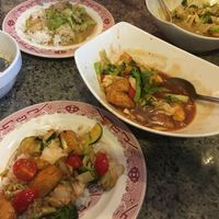 Wonderful Tofu in Tomato Sauce with mixed veggies and rice. at Ray's Place in Anchorage