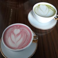 Beetroot and matcha latte with oat milk at LAS in Sopot