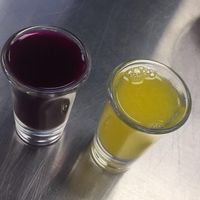vegan beet kvass shot with orange juice chaser at The Weekly Juicery - Old Vine St in Lexington