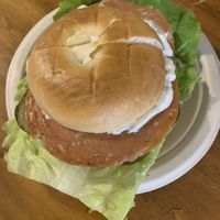 Vegan salami sandwich on a plain bagel  at Kaya's in Kawanui