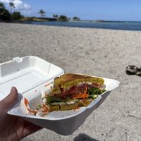 Veggie sandwich on the beach. Tasty bread and veggies!  at Kaya's in Kawanui