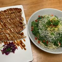 Dumplings and pesto noodles  at Vegan Buffet in Hamilton