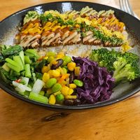Tempeh and rice dish at Vegan Buffet in Hamilton