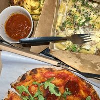 garlic knots, Alfredo, and pepperoni pizza   at Virtuous Pie  in Vancouver