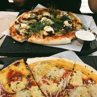 Pictured on top: Spicy Chorizo pie with side of ranch, bottom: Grandma Pie! at Virtuous Pie  in Vancouver