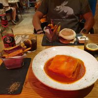 Francesinha and sweet potato chips at 26 Vegan Food Project in Lisbon