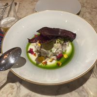 Starter that tasted like yoghurt & pickles.. at 26 Vegan Food Project in Lisbon