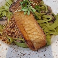 pasta good, giant mushroom - chewy and inedible at 26 Vegan Food Project in Lisbon