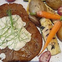 this steak was amazing but the vegetables unfortunately raw at 26 Vegan Food Project in Lisbon