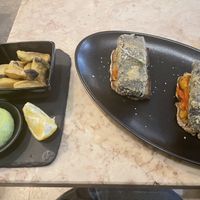 Fried cuttlefish, sardines and sweet chili peppers on toast  at 26 Vegan Food Project in Lisbon