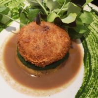 Potato and vegan chorizo croqueta with spinach purée and pineapple chutney, 14 Eur at 26 Vegan Food Project in Lisbon