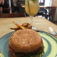 Selfish tofu burger with a white wine sangria   at 26 Vegan Food Project in Lisbon
