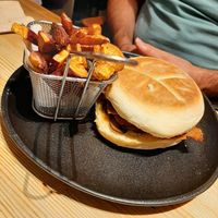 Burger with sweet potato fries at 26 Vegan Food Project in Lisbon